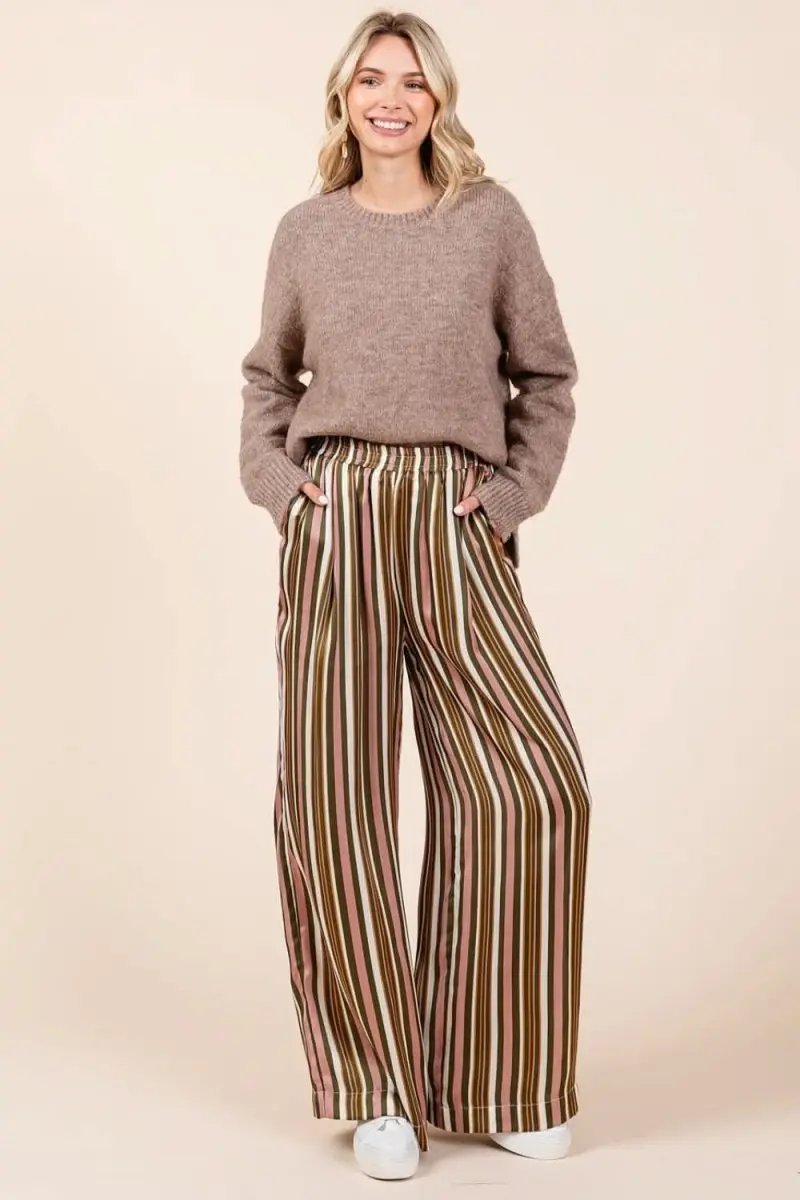 Chic Striped Satin Wide Leg Pants with Elastic Waist and Pockets - Love Salve